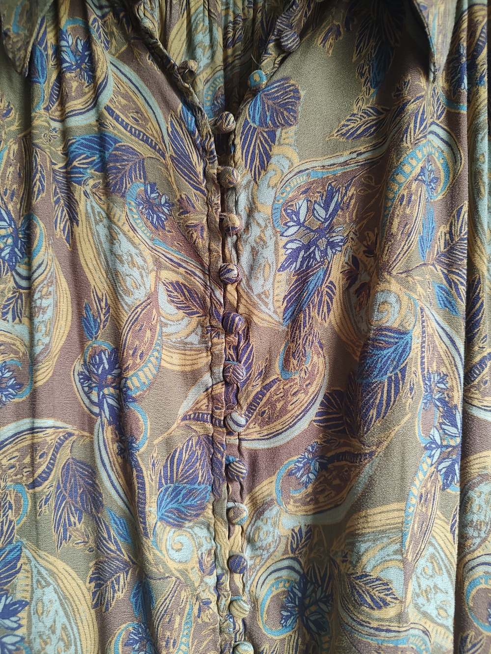 Free People Paisley Boho Button Front Blouse Blue Olive Long Sleeve Top Size LRG - Picture 5 of 9